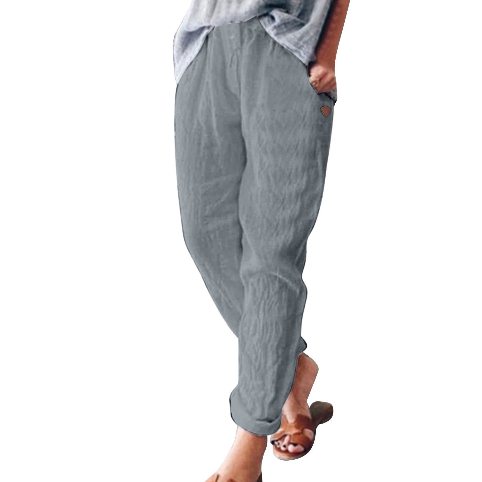 thumbnail image 5 of Pantalones anchos de lino lisos para mujer: cintura elástica, pantalones holgados informales con bolsillos, tejido de poliéster, aptos para el verano, 5 of 8